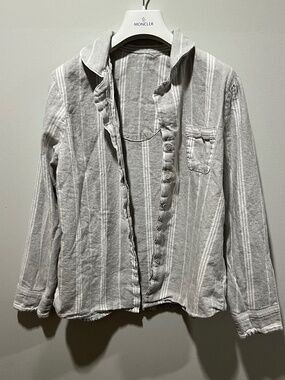 Primark Gray Stripe Button Front Blouse Ruffle Trim Long Sleeve Shirt Size M